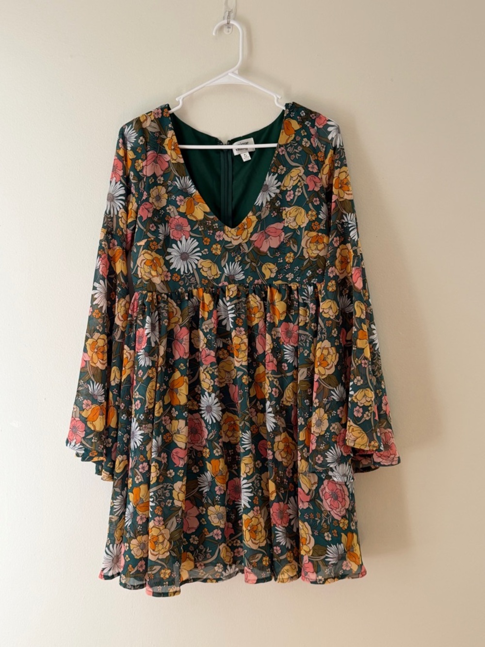 Unique Vintage Teal Floral Mini Dress with Pink & Mustard Blooms